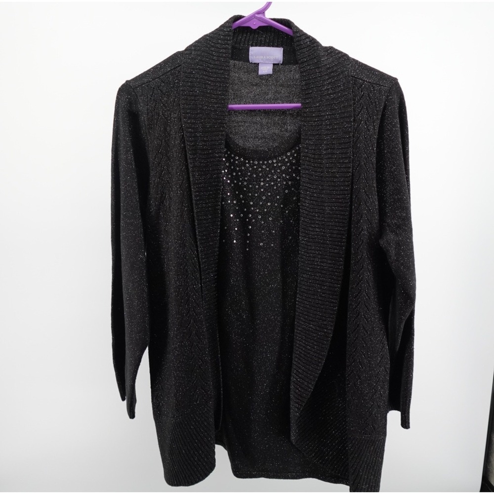 Laura Scott Womens Black Metallic Shimmer Cardigan Shell Large